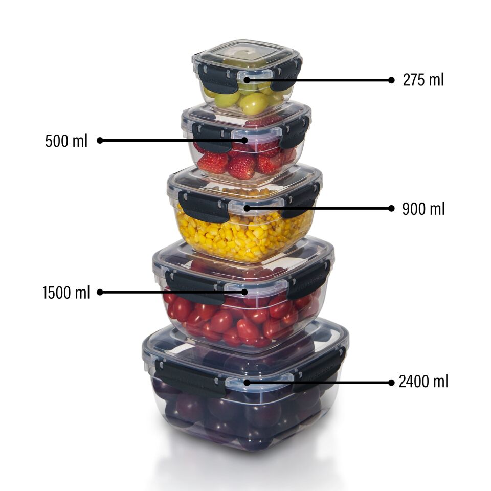 5'li Set Master Kare Saklama Kabı (275 ml - 500 ml - 900 ml - 1500 ml - 2400 ml)
