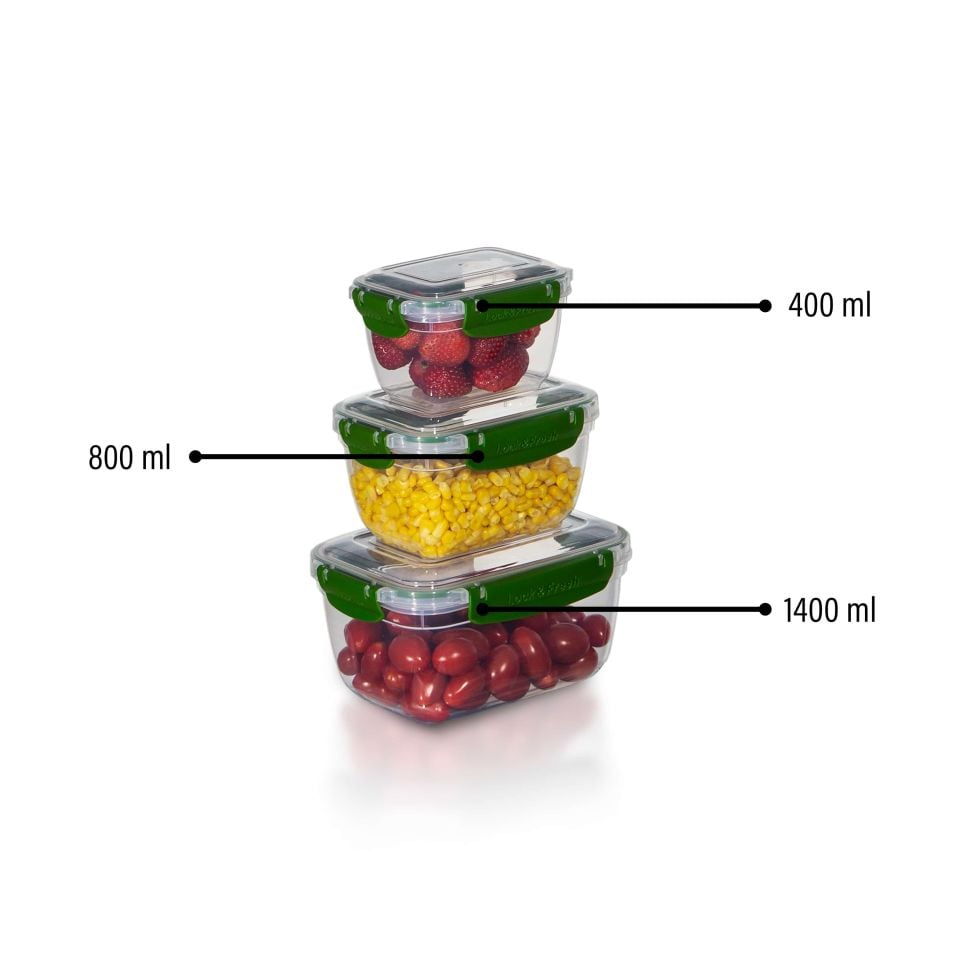3'lü Master Dikdörtgen Saklama Kabı (400 ml - 800 ml - 1400 ml)